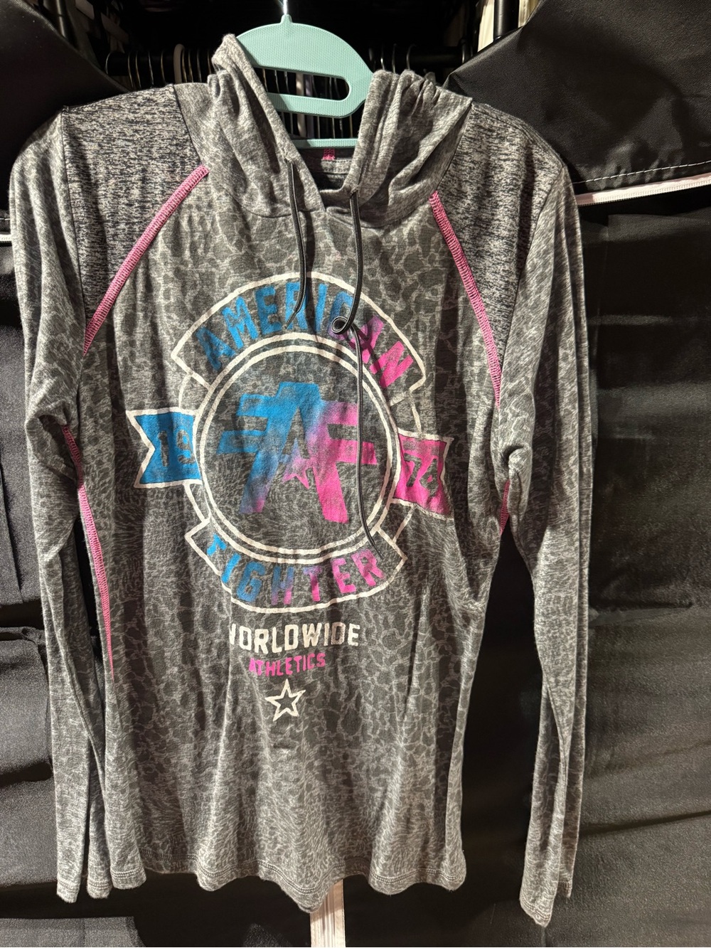 American Fighter Gray Leopard-Print Hooded Sweatshirt with Blue & Pink Logo